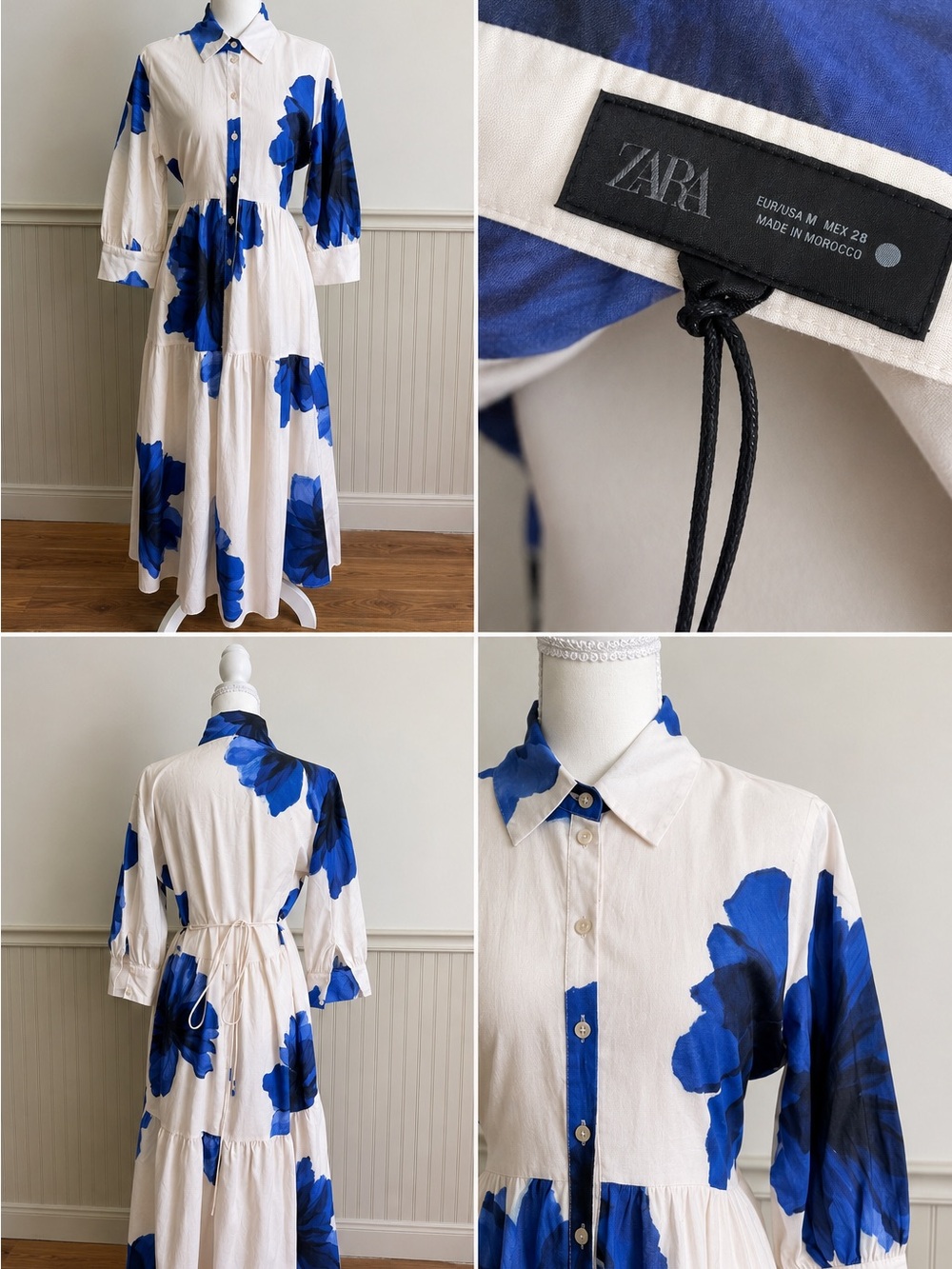 Zara White Maxi Shirt Dress with Bold Cobalt Blue Floral Print